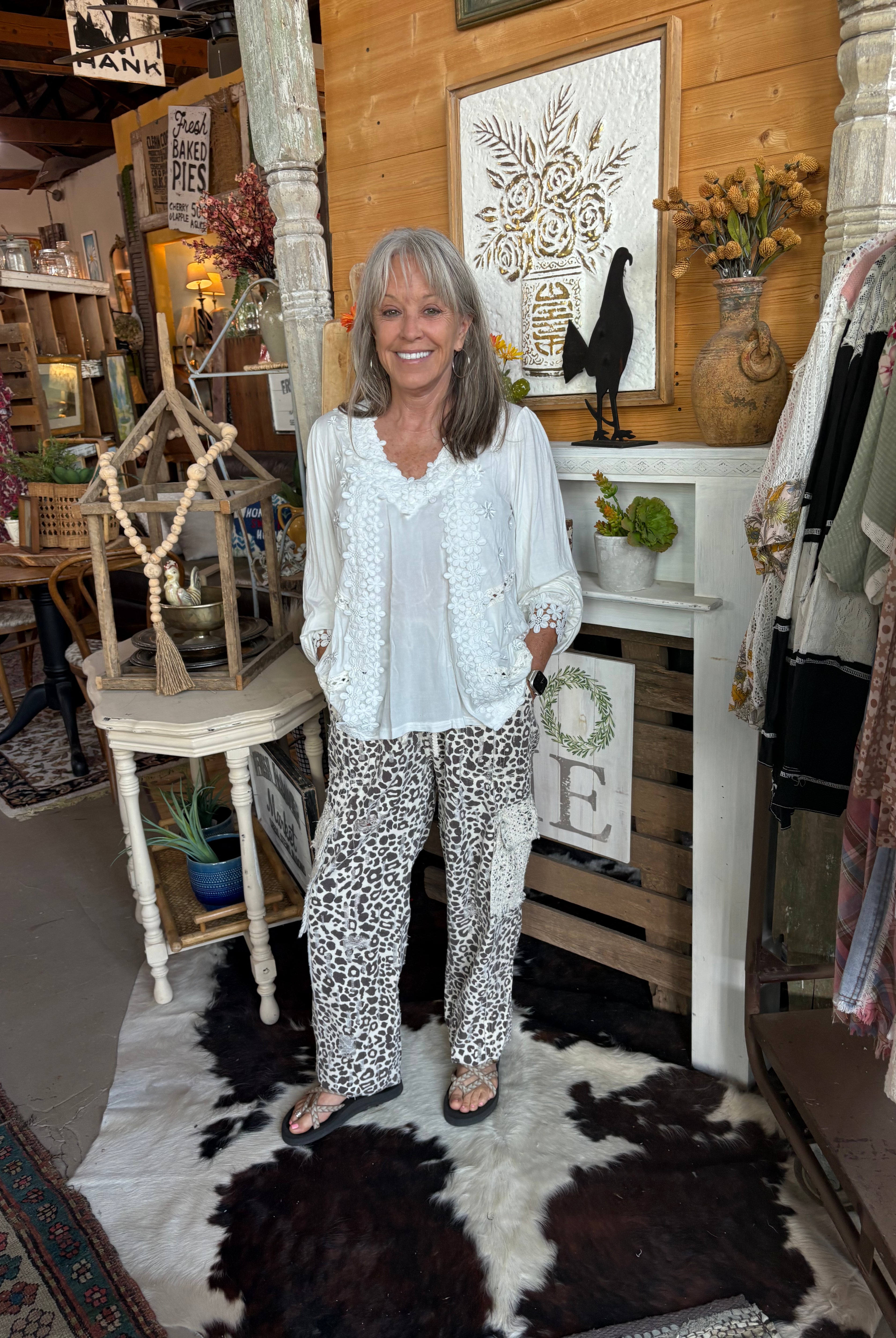 POL Clothing Long Sleeve Contrast Floral Lace Crochet Detail V-Neck Top-TOP-Pol Clothing-Stuffology - Where Vintage Meets Modern, A Boutique for Real Women in Crosbyton, TX