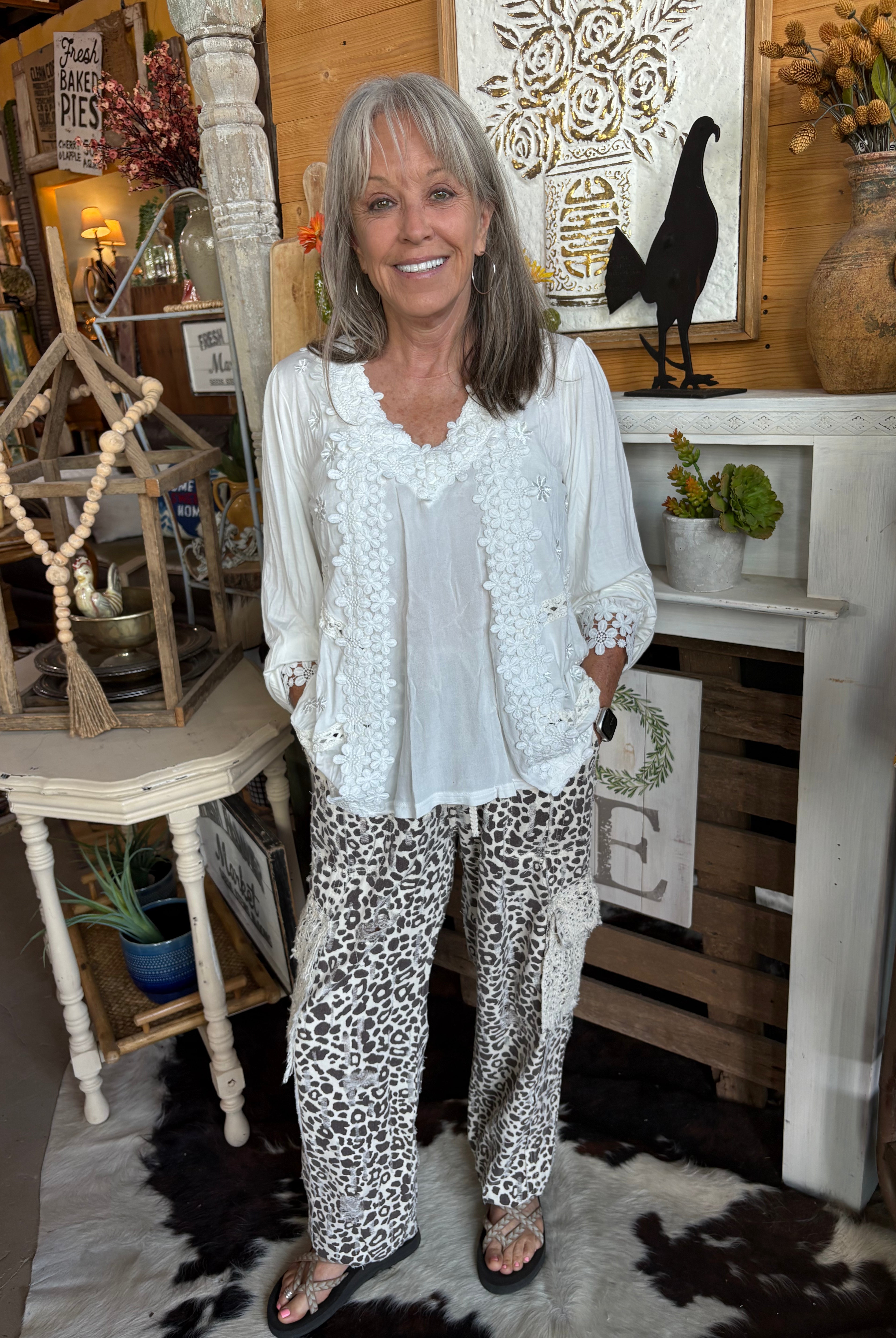 POL Clothing Long Sleeve Contrast Floral Lace Crochet Detail V-Neck Top-TOP-Pol Clothing-Stuffology - Where Vintage Meets Modern, A Boutique for Real Women in Crosbyton, TX