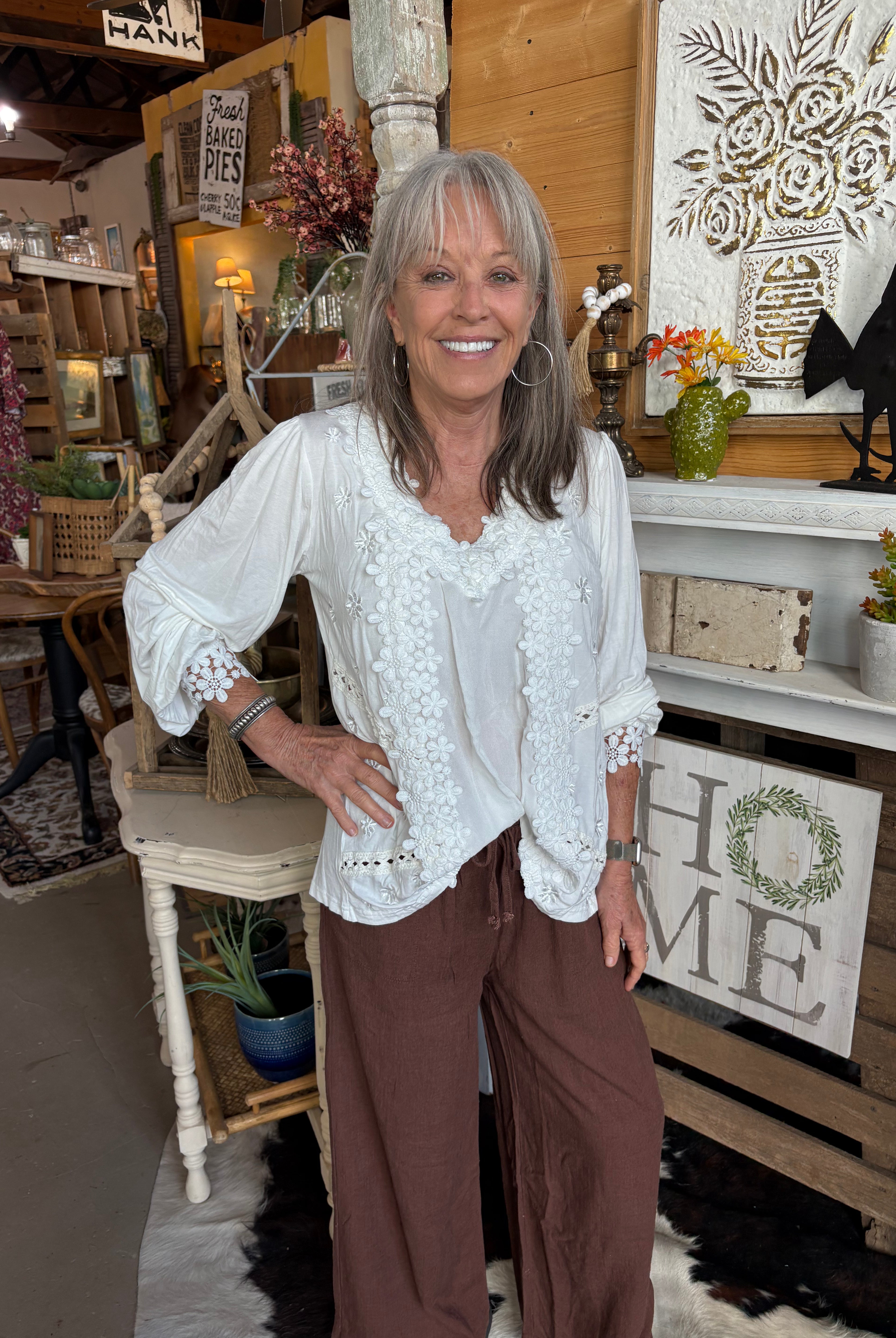 POL Clothing Long Sleeve Contrast Floral Lace Crochet Detail V-Neck Top-TOP-Pol Clothing-Stuffology - Where Vintage Meets Modern, A Boutique for Real Women in Crosbyton, TX