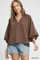 Chocolate Split V-Neck Top with Balloon Sleeves-TOP-Umgee-Stuffology - Where Vintage Meets Modern, A Boutique for Real Women in Crosbyton, TX