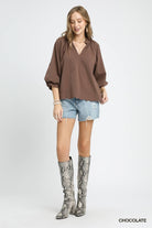 Chocolate Split V-Neck Top with Balloon Sleeves-TOP-Umgee-Stuffology - Where Vintage Meets Modern, A Boutique for Real Women in Crosbyton, TX