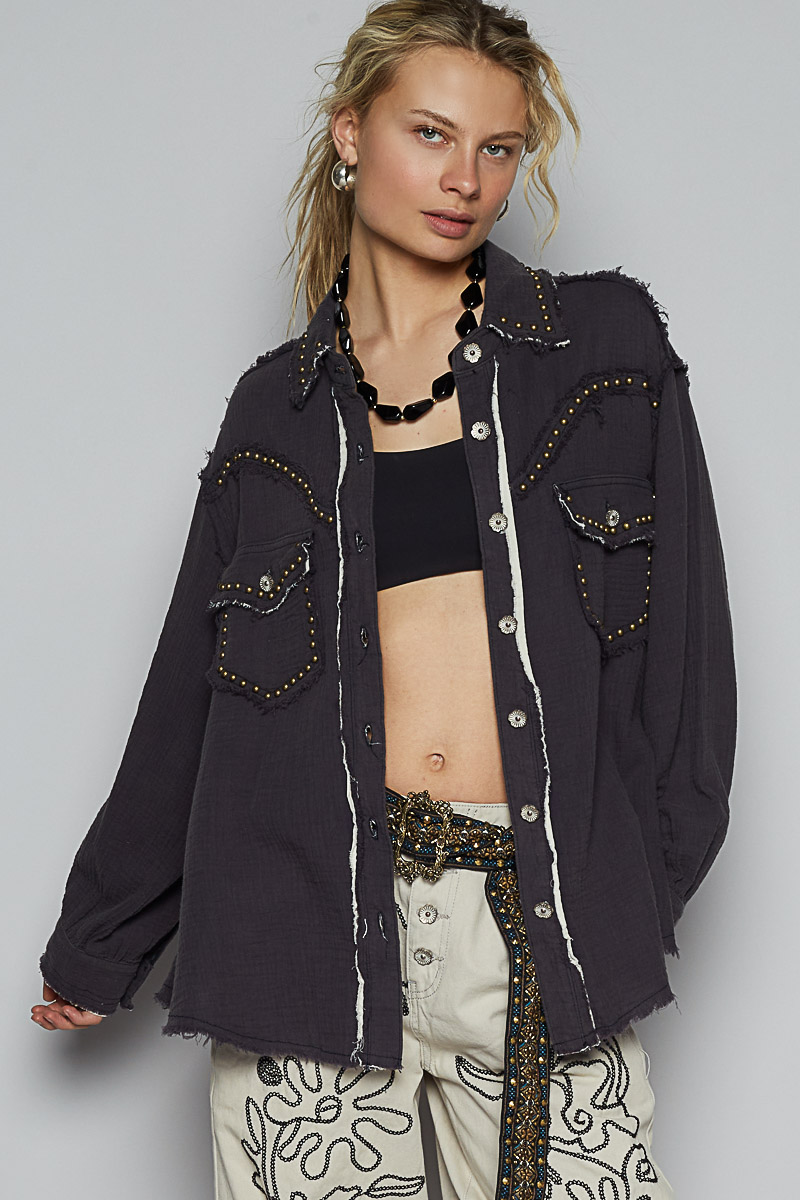 POL Clothing Double Gauze Studded Jacket-Shirt / Jacket-POL Clothing-Stuffology - Where Vintage Meets Modern, A Boutique for Real Women in Crosbyton, TX