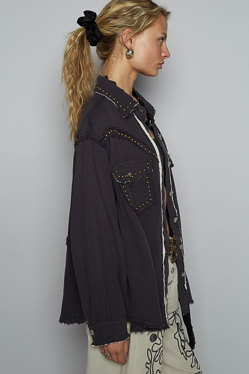 POL Clothing Double Gauze Studded Jacket-Shirt / Jacket-POL Clothing-Stuffology - Where Vintage Meets Modern, A Boutique for Real Women in Crosbyton, TX