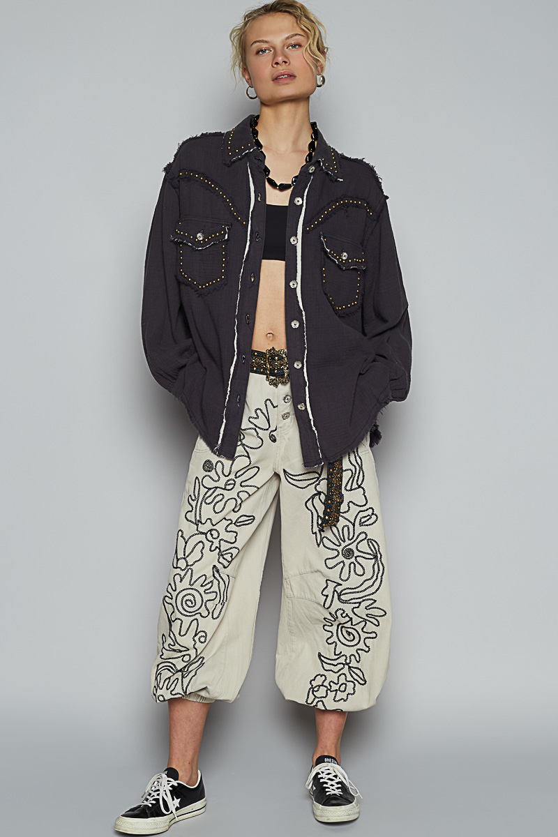 POL Clothing Double Gauze Studded Jacket-Shirt / Jacket-POL Clothing-Stuffology - Where Vintage Meets Modern, A Boutique for Real Women in Crosbyton, TX