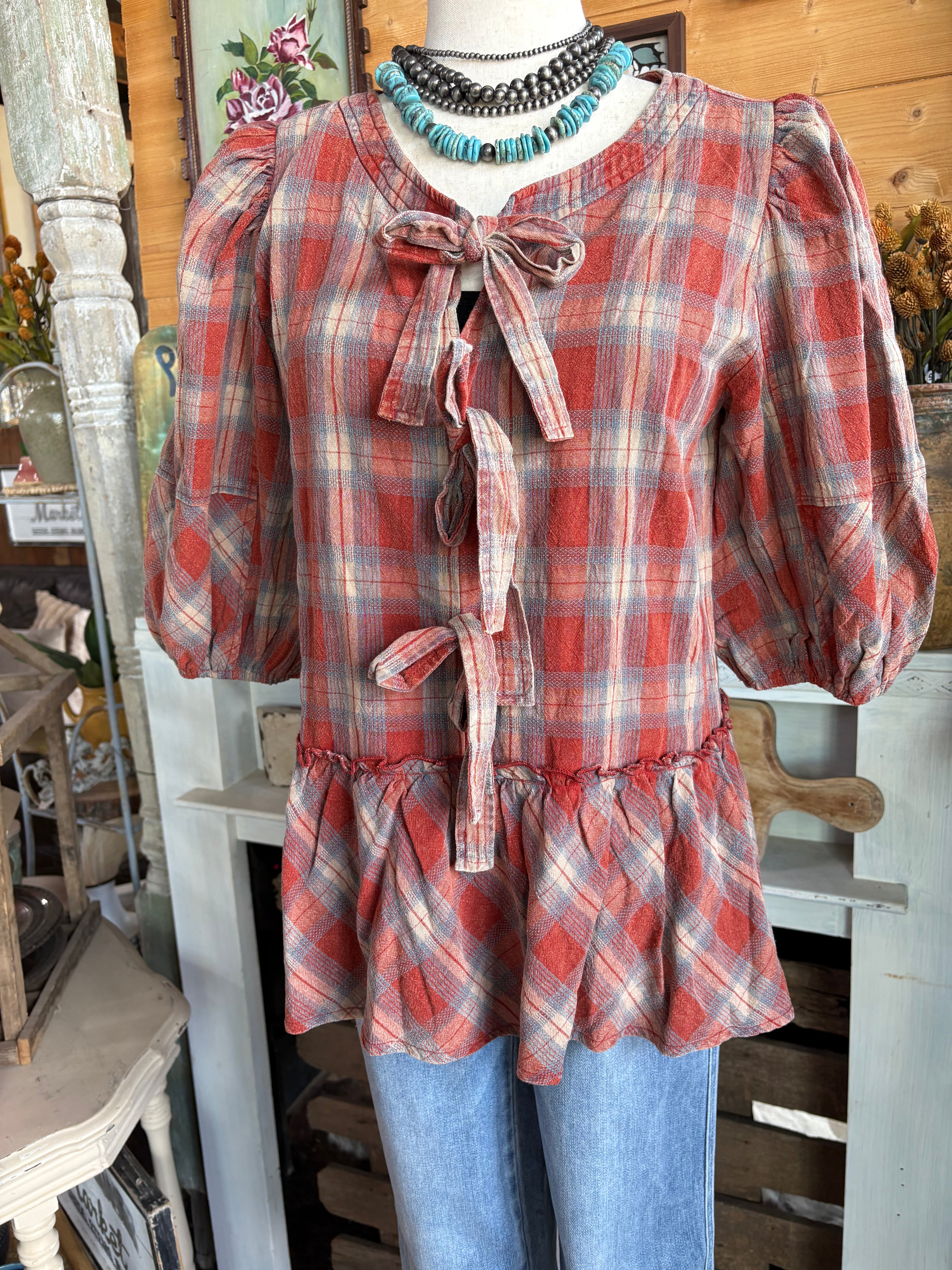 Rust Plaid Top-Top-Easel-Stuffology - Where Vintage Meets Modern, A Boutique for Real Women in Crosbyton, TX