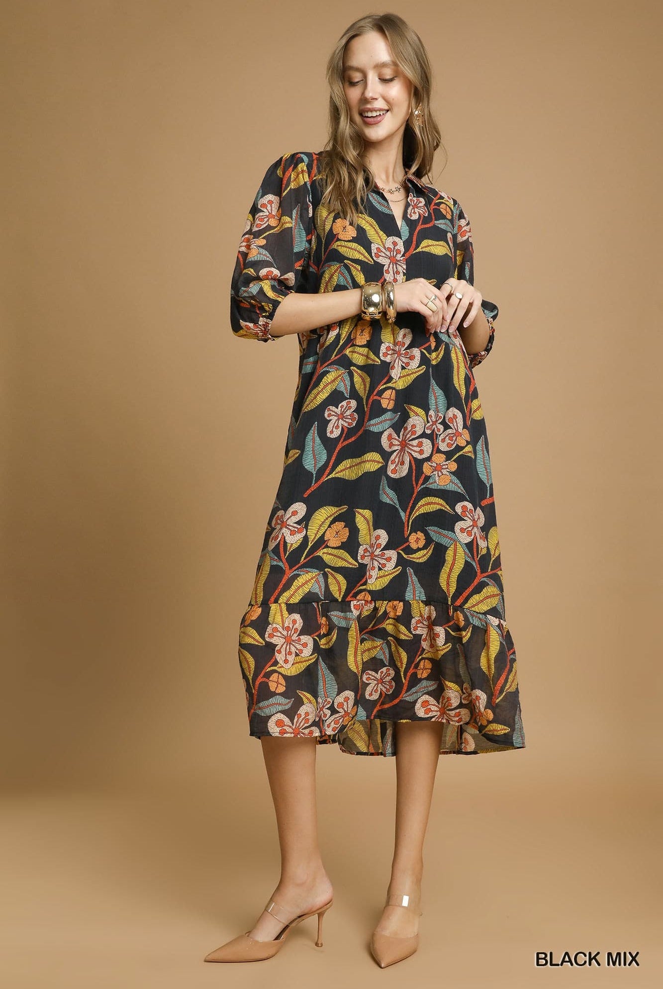 Floral Abstract Print Collared Tiered Midi Dress - Black Mix-Dress-Umgee-Stuffology - Where Vintage Meets Modern, A Boutique for Real Women in Crosbyton, TX