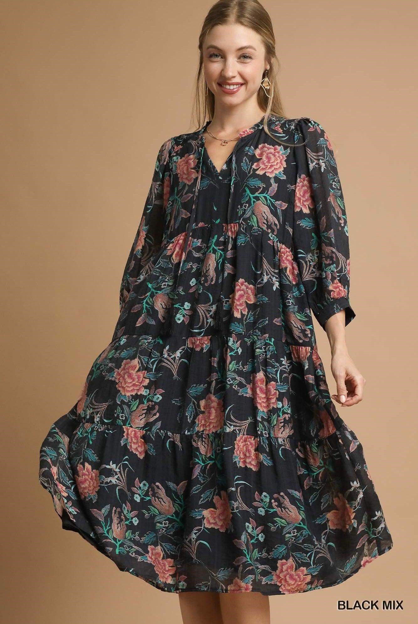 Floral Abstract Print Midi Dress - Black Mix-Dress-Umgee-Stuffology - Where Vintage Meets Modern, A Boutique for Real Women in Crosbyton, TX