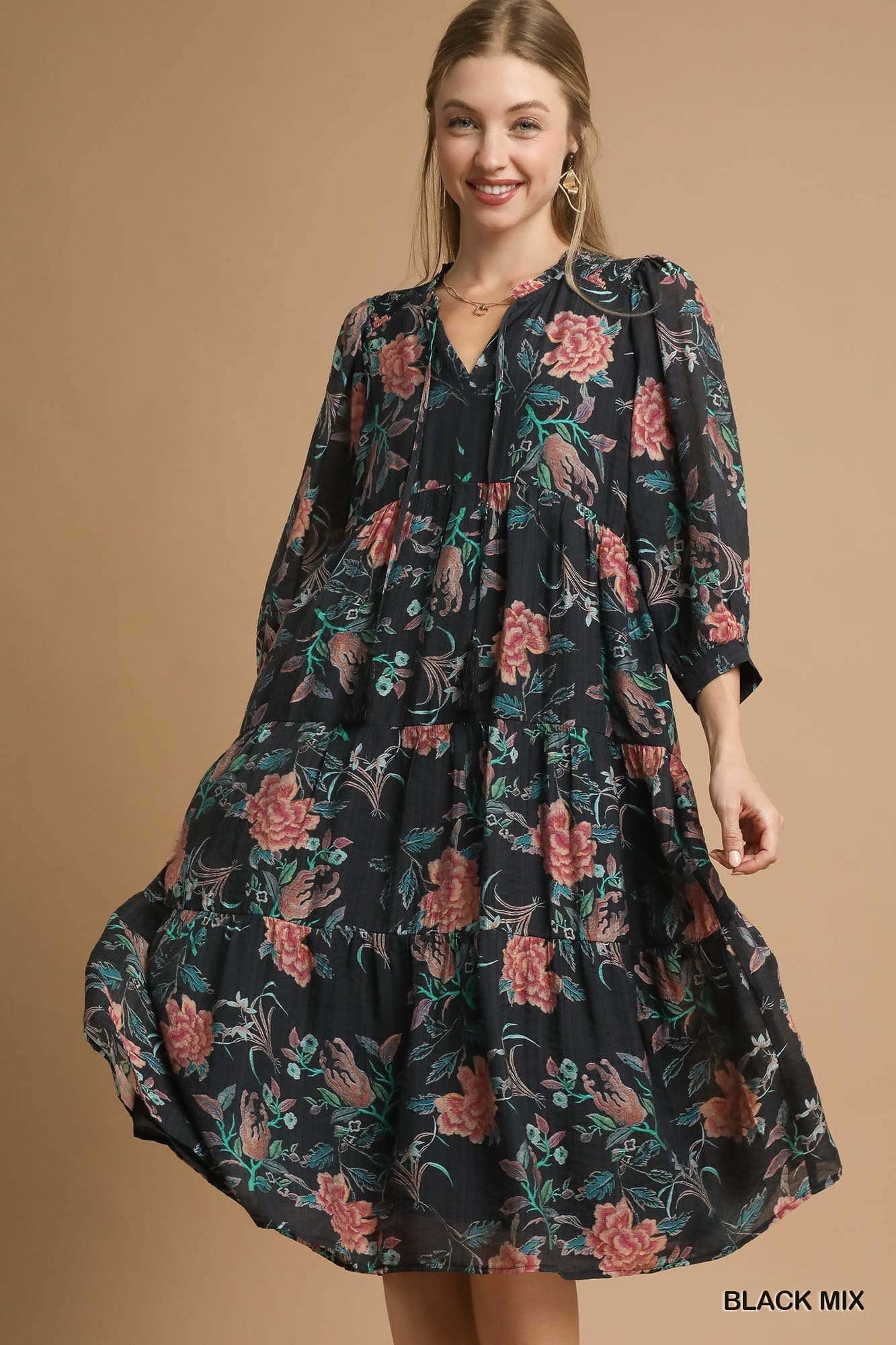 Floral Abstract Print Midi Dress - Black Mix-Dress-Umgee-Stuffology - Where Vintage Meets Modern, A Boutique for Real Women in Crosbyton, TX