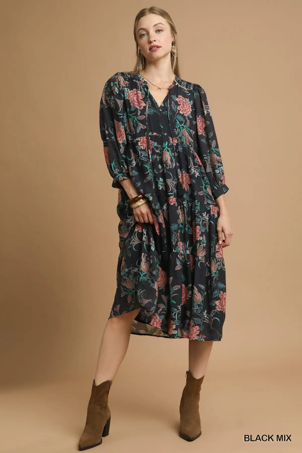 Floral Abstract Print Midi Dress - Black Mix-Dress-Umgee-Stuffology - Where Vintage Meets Modern, A Boutique for Real Women in Crosbyton, TX