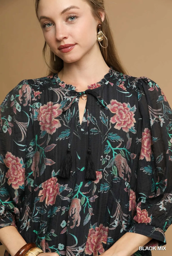 Floral Abstract Print Midi Dress - Black Mix-Dress-Umgee-Stuffology - Where Vintage Meets Modern, A Boutique for Real Women in Crosbyton, TX