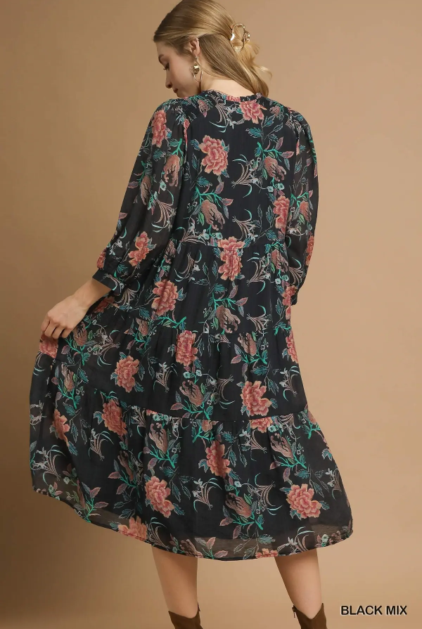 Floral Abstract Print Midi Dress - Black Mix-Dress-Umgee-Stuffology - Where Vintage Meets Modern, A Boutique for Real Women in Crosbyton, TX