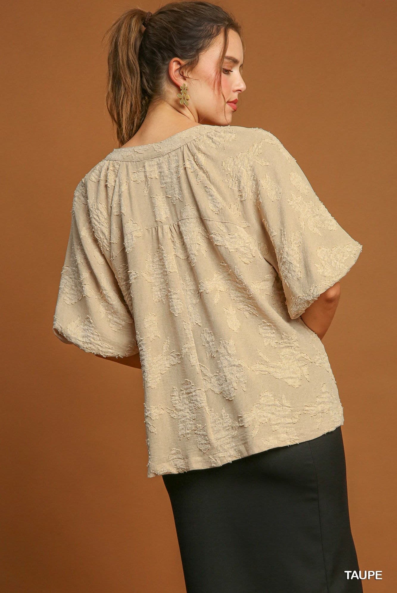 Floral Burnout Split Neck Bubble Sleeve Top - Taupe-Top-Umgee-Stuffology - Where Vintage Meets Modern, A Boutique for Real Women in Crosbyton, TX
