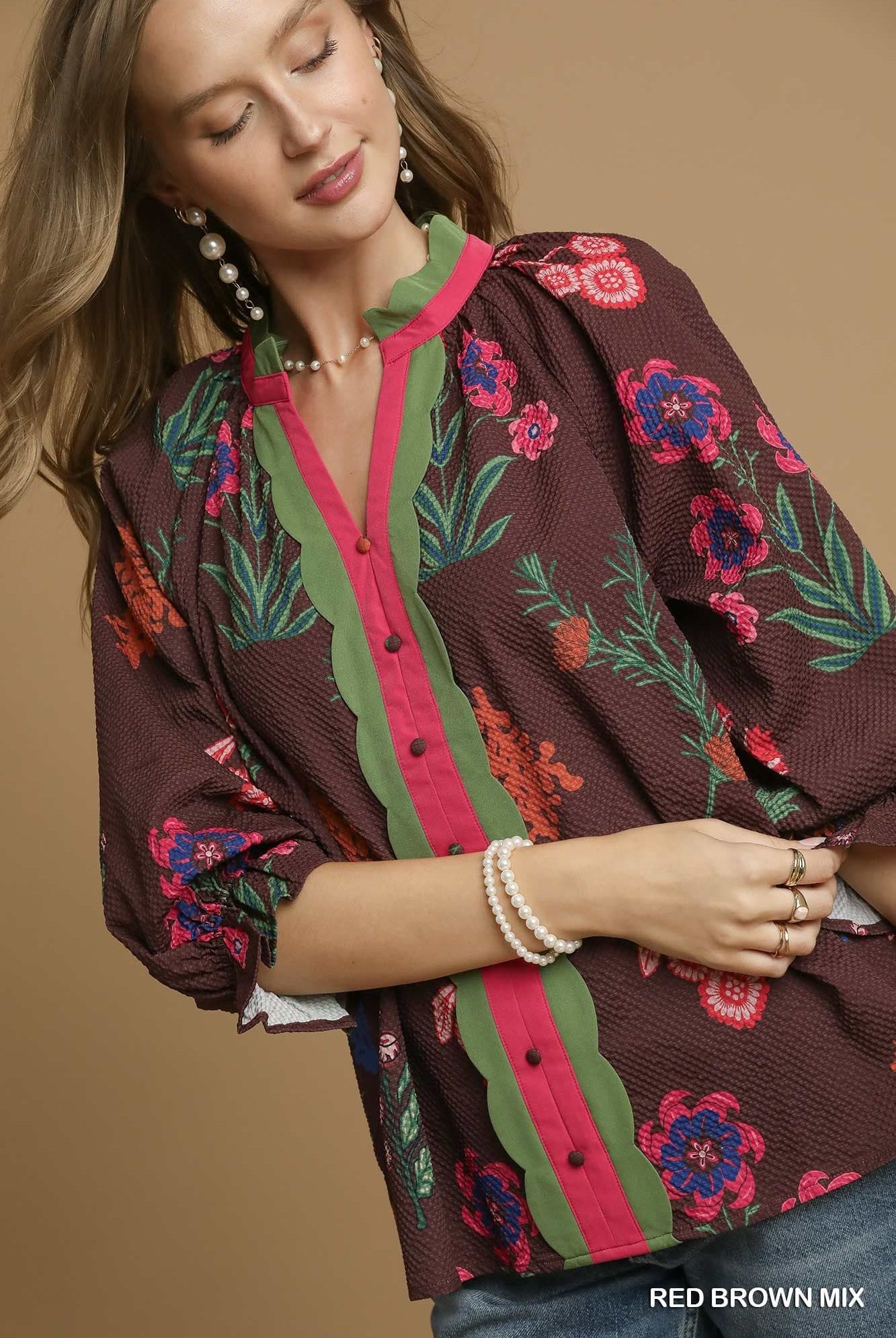 Mix Floral Textured Top with Scalloped Trim-TOP-Umgee-Stuffology - Where Vintage Meets Modern, A Boutique for Real Women in Crosbyton, TX