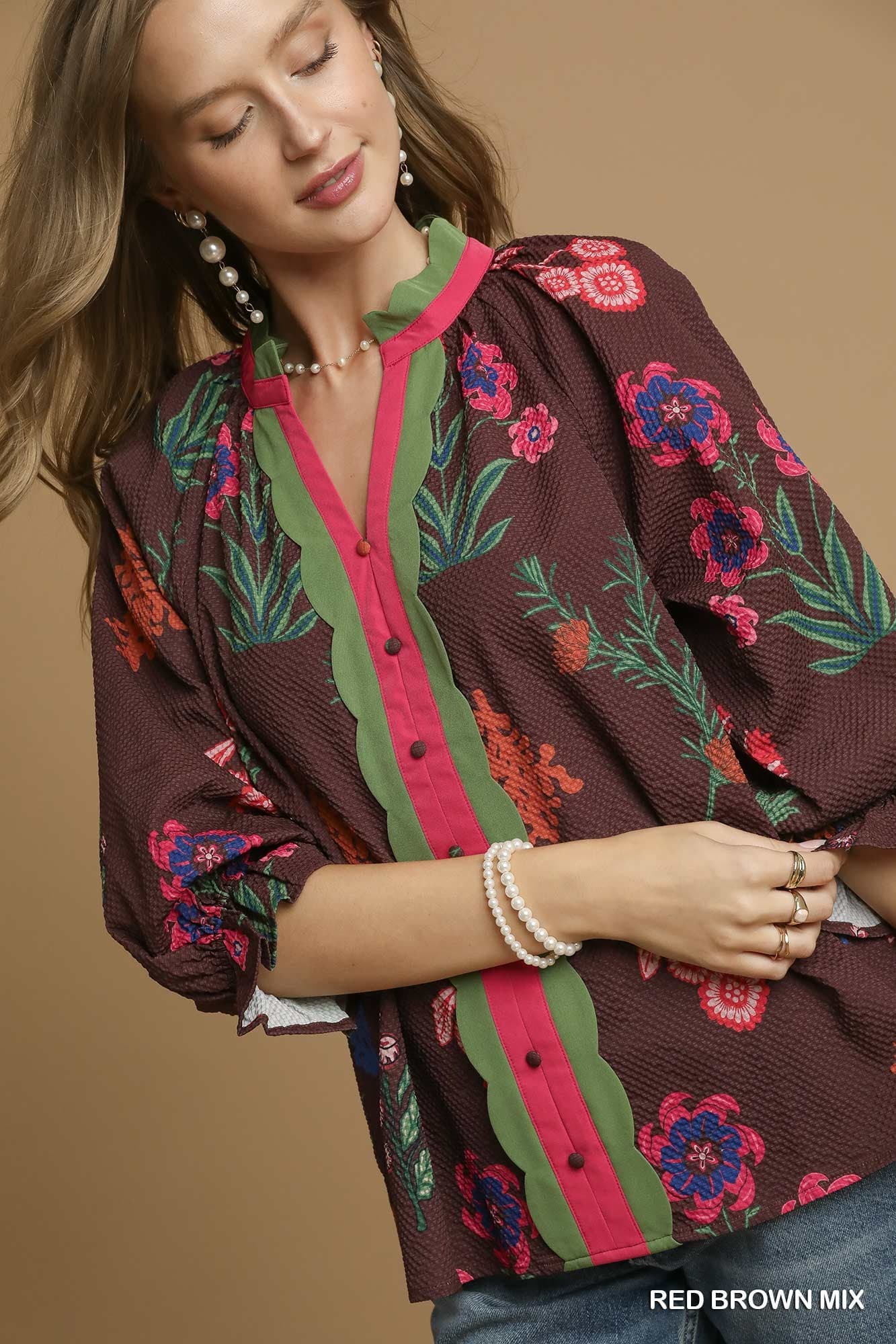 Mix Floral Textured Top with Scalloped Trim-TOP-Umgee-Stuffology - Where Vintage Meets Modern, A Boutique for Real Women in Crosbyton, TX