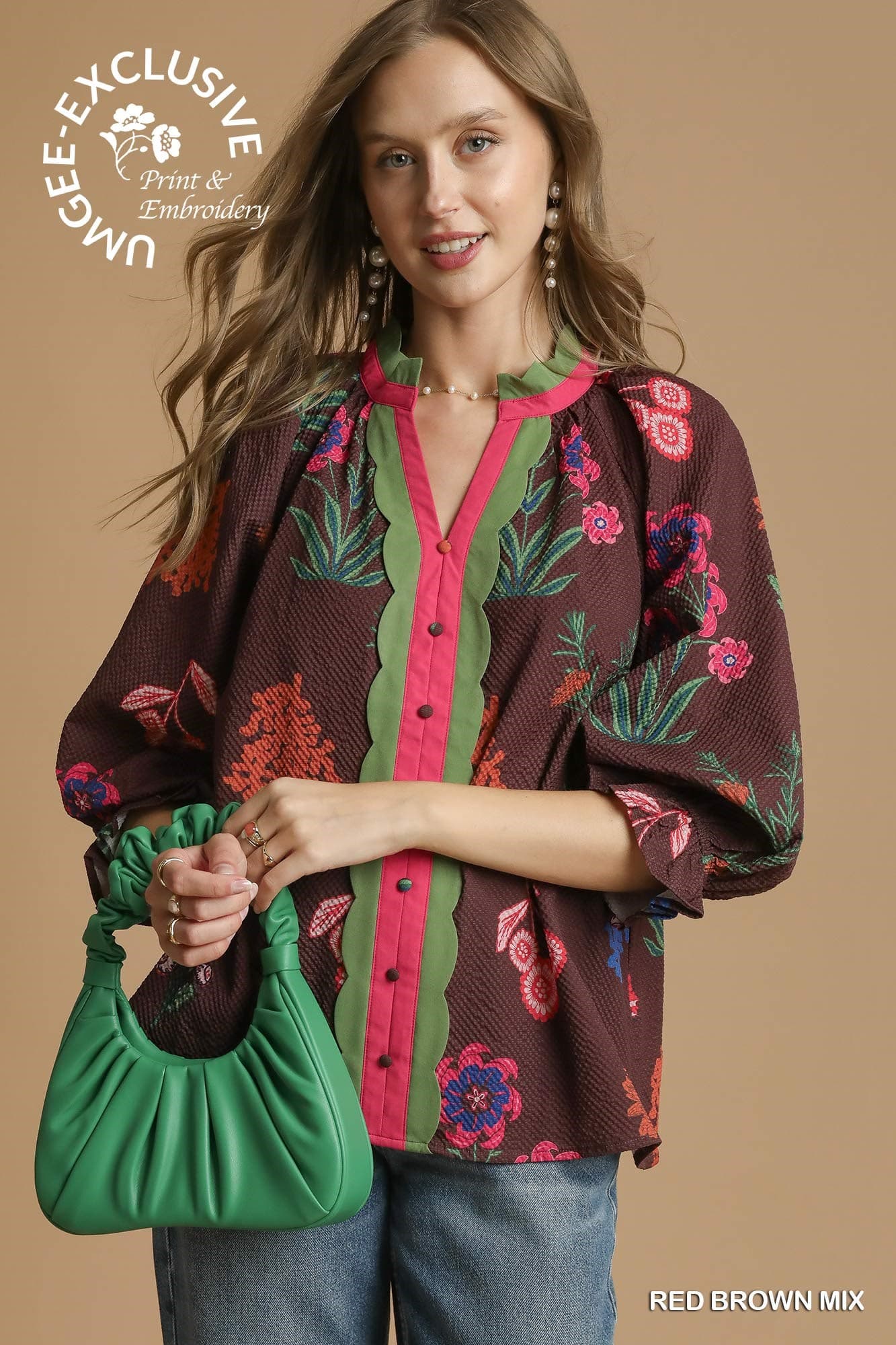 Mix Floral Textured Top with Scalloped Trim-TOP-Umgee-Stuffology - Where Vintage Meets Modern, A Boutique for Real Women in Crosbyton, TX