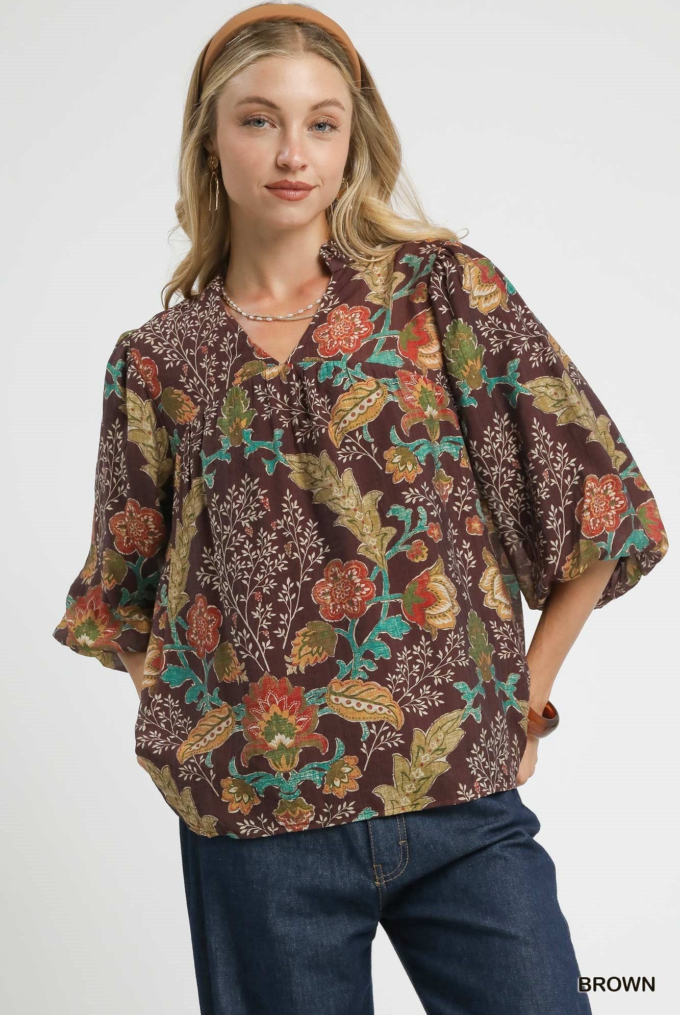 Floral Print Ruffled V-Neck Top-Top-Umgee-Stuffology - Where Vintage Meets Modern, A Boutique for Real Women in Crosbyton, TX