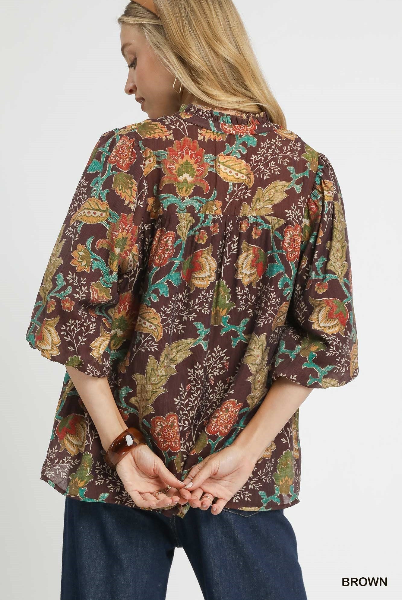 Floral Print Ruffled V-Neck Top-Top-Umgee-Stuffology - Where Vintage Meets Modern, A Boutique for Real Women in Crosbyton, TX