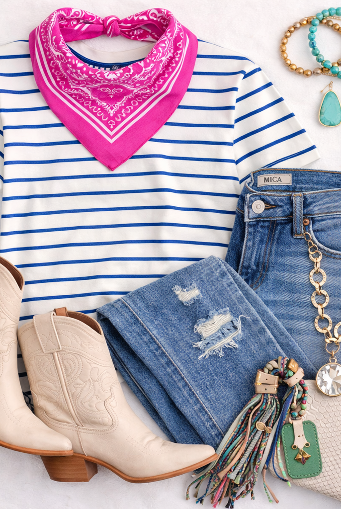 Blue Striped Crew Neck Tee-Tops-Zenana-Stuffology - Where Vintage Meets Modern, A Boutique for Real Women in Crosbyton, TX