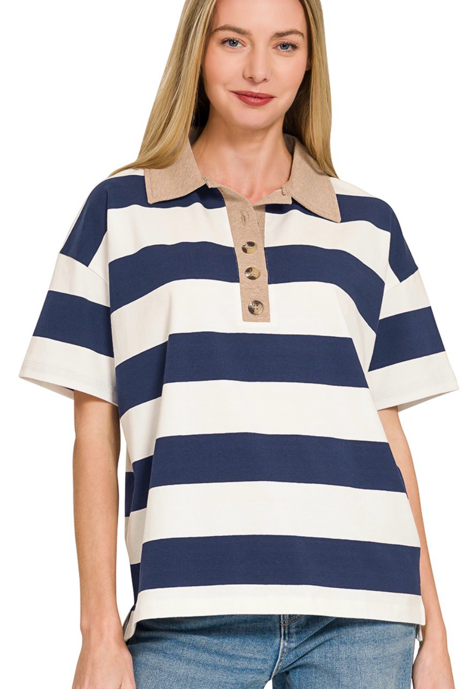 Striped Collared Polo Top-stripe top-Stuffology Boutique -Stuffology - Where Vintage Meets Modern, A Boutique for Real Women in Crosbyton, TX
