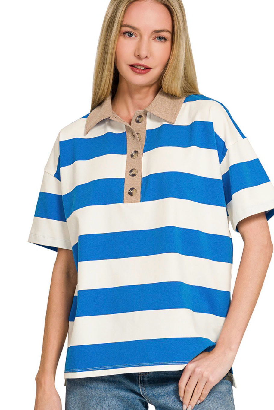 Striped Collared Polo Top-stripe top-Stuffology Boutique -Stuffology - Where Vintage Meets Modern, A Boutique for Real Women in Crosbyton, TX