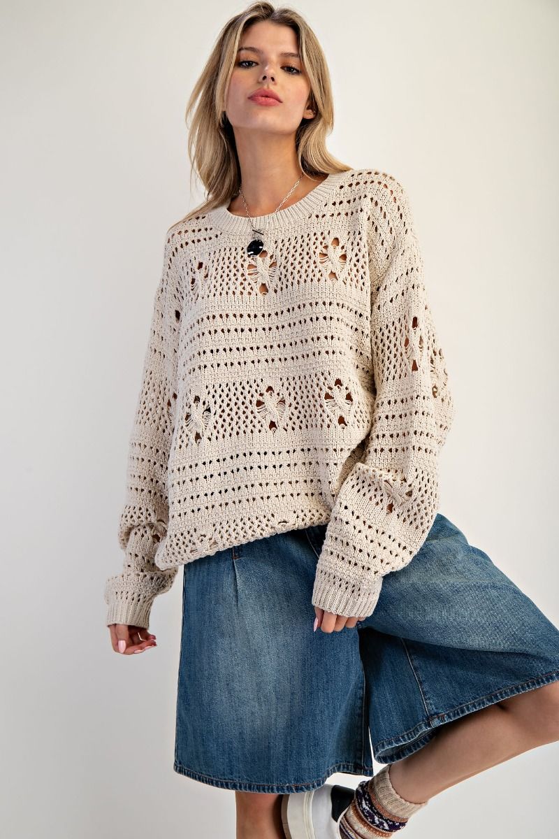 Crochet Knit Pullover Sweater – Long Sleeve, Neutral-Sweaters-Easel-Stuffology - Where Vintage Meets Modern, A Boutique for Real Women in Crosbyton, TX