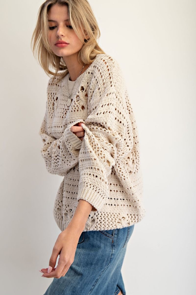 Crochet Knit Pullover Sweater – Long Sleeve, Neutral-Sweaters-Easel-Stuffology - Where Vintage Meets Modern, A Boutique for Real Women in Crosbyton, TX
