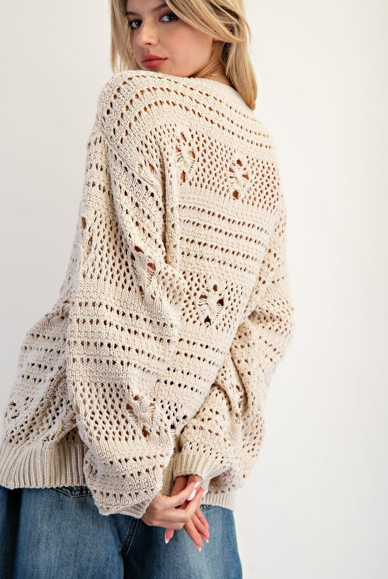 Crochet Knit Pullover Sweater – Long Sleeve, Neutral-Sweaters-Easel-Stuffology - Where Vintage Meets Modern, A Boutique for Real Women in Crosbyton, TX