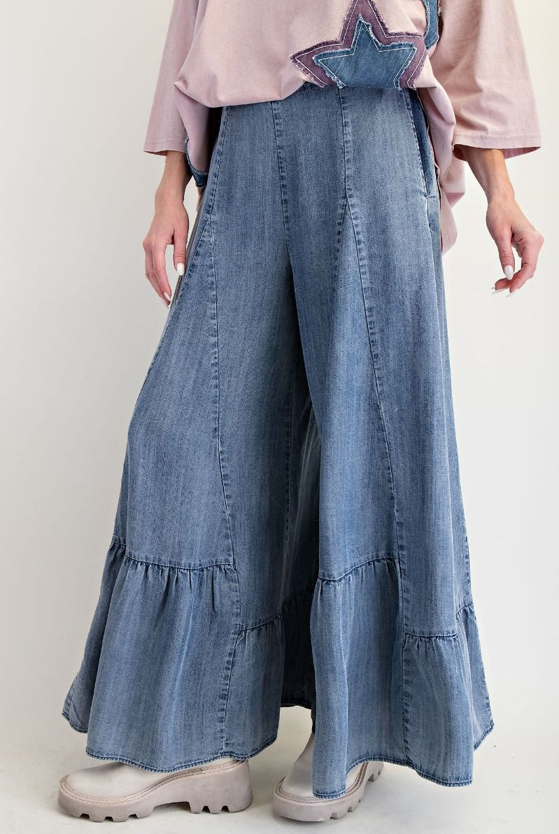 Ruffle Bottom Hem Washed Denim Palazzo Pants-Pants-Easel-Stuffology - Where Vintage Meets Modern, A Boutique for Real Women in Crosbyton, TX