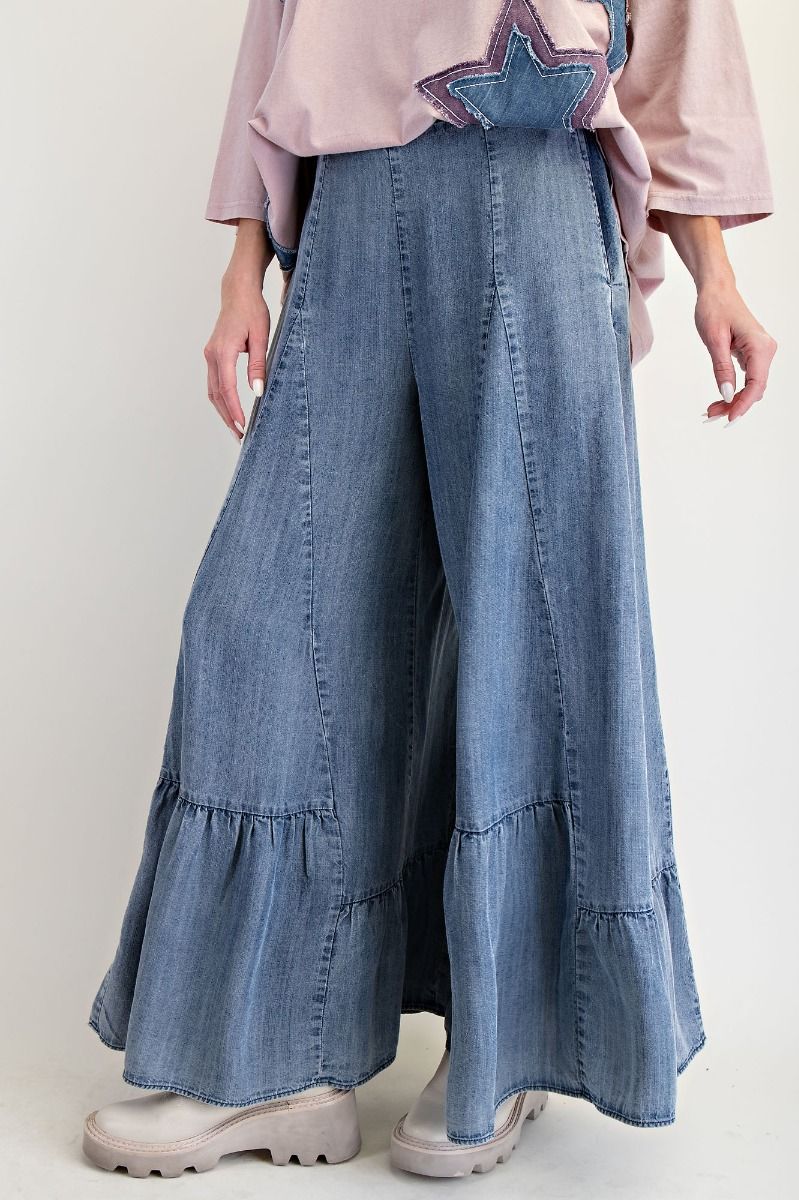 Ruffle Bottom Hem Washed Denim Palazzo Pants-Pants-Easel-Stuffology - Where Vintage Meets Modern, A Boutique for Real Women in Crosbyton, TX