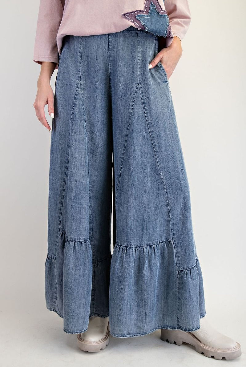 Ruffle Bottom Hem Washed Denim Palazzo Pants-Pants-Easel-Stuffology - Where Vintage Meets Modern, A Boutique for Real Women in Crosbyton, TX