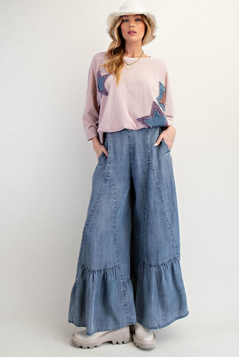 Ruffle Bottom Hem Washed Denim Palazzo Pants-Pants-Easel-Stuffology - Where Vintage Meets Modern, A Boutique for Real Women in Crosbyton, TX