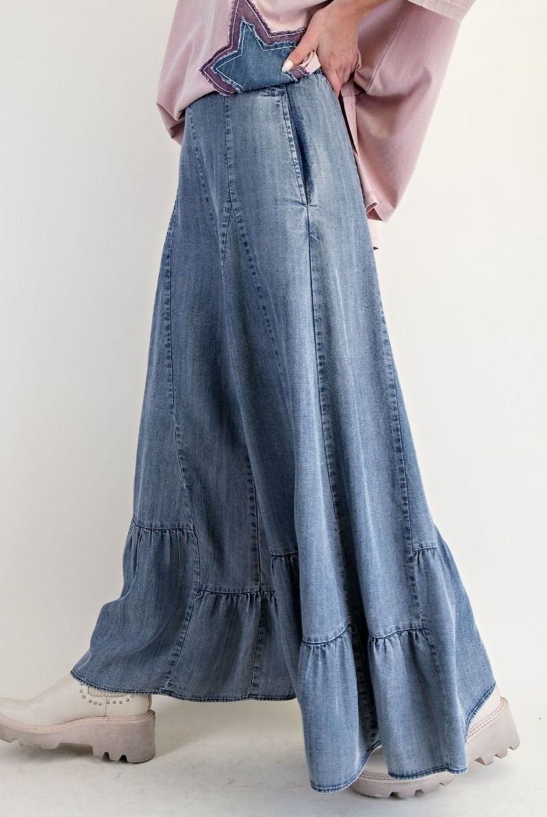 Ruffle Bottom Hem Washed Denim Palazzo Pants-Pants-Easel-Stuffology - Where Vintage Meets Modern, A Boutique for Real Women in Crosbyton, TX