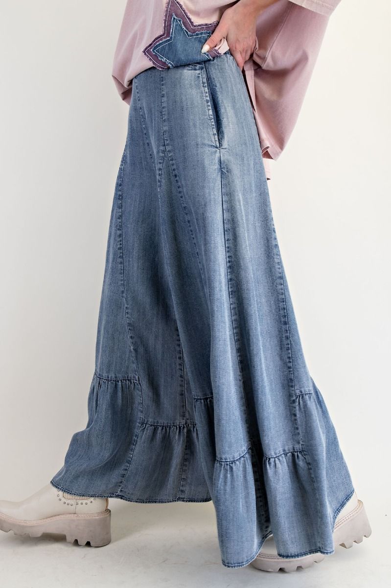 Ruffle Bottom Hem Washed Denim Palazzo Pants-Pants-Easel-Stuffology - Where Vintage Meets Modern, A Boutique for Real Women in Crosbyton, TX