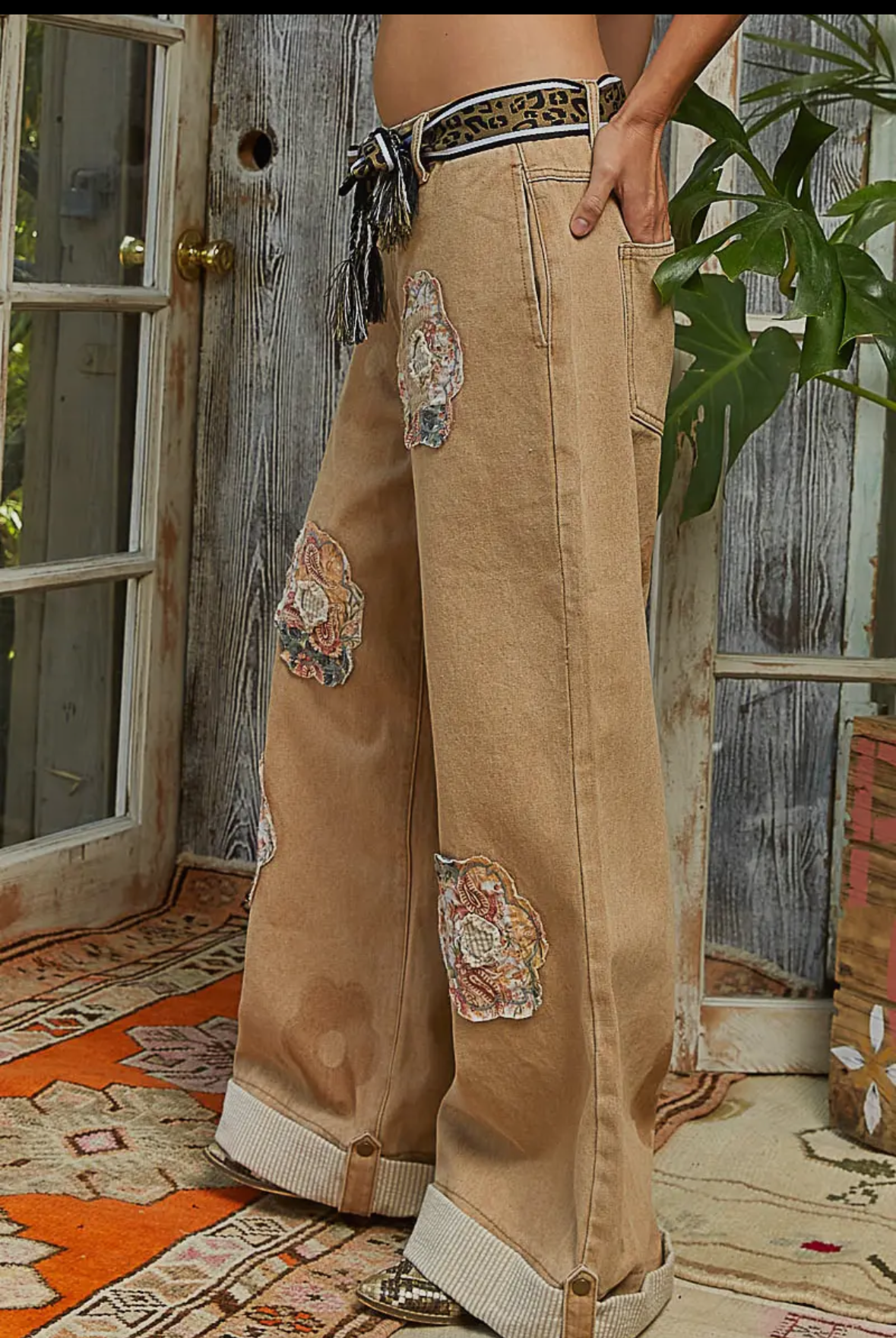 POL Clothing Floral Patchwork Rolled Hem Pants-Pants-POL Clothing-Stuffology - Where Vintage Meets Modern, A Boutique for Real Women in Crosbyton, TX