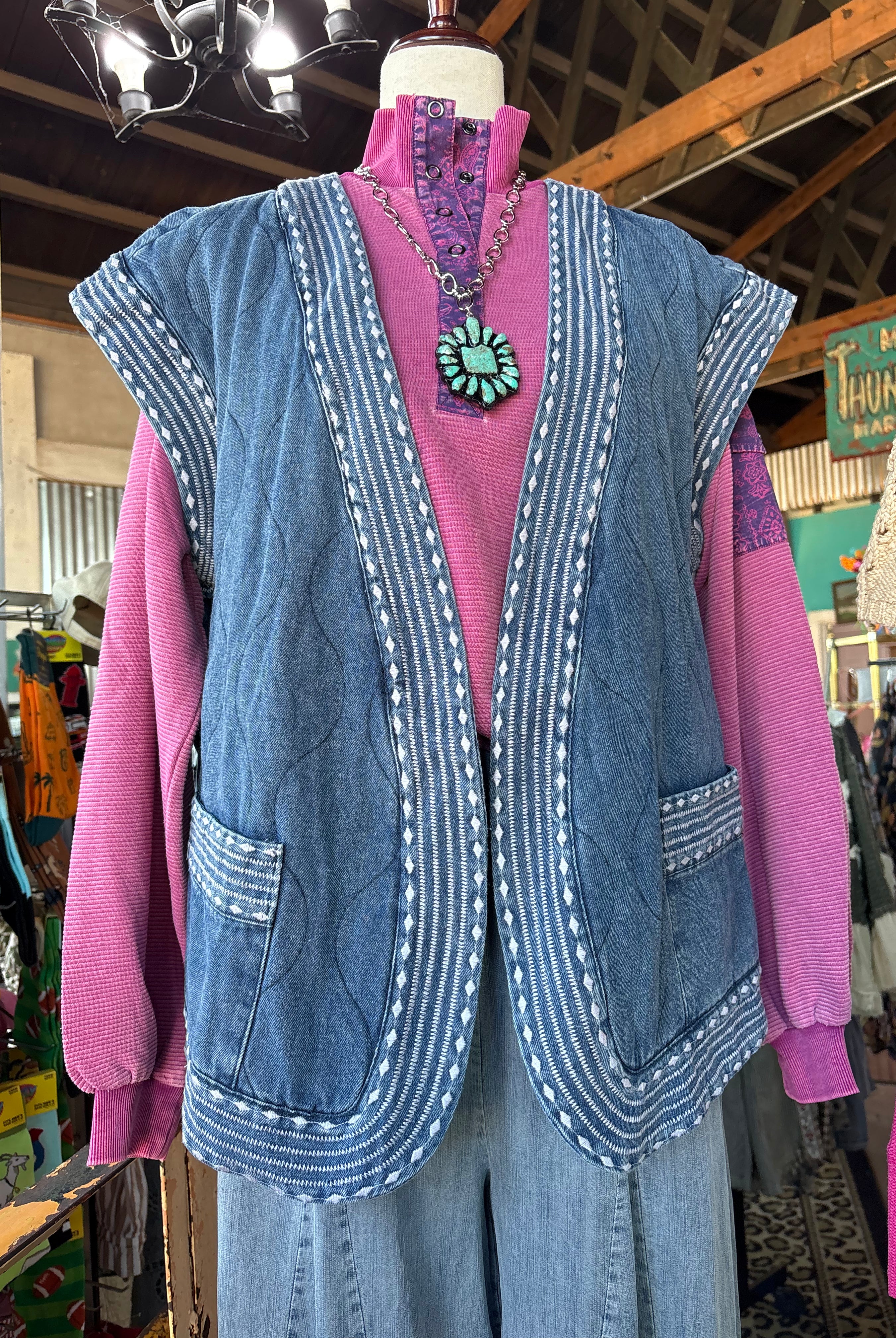 Embroidered Denim Hem Quilted Vest-Denim Vest-Easel-Stuffology - Where Vintage Meets Modern, A Boutique for Real Women in Crosbyton, TX