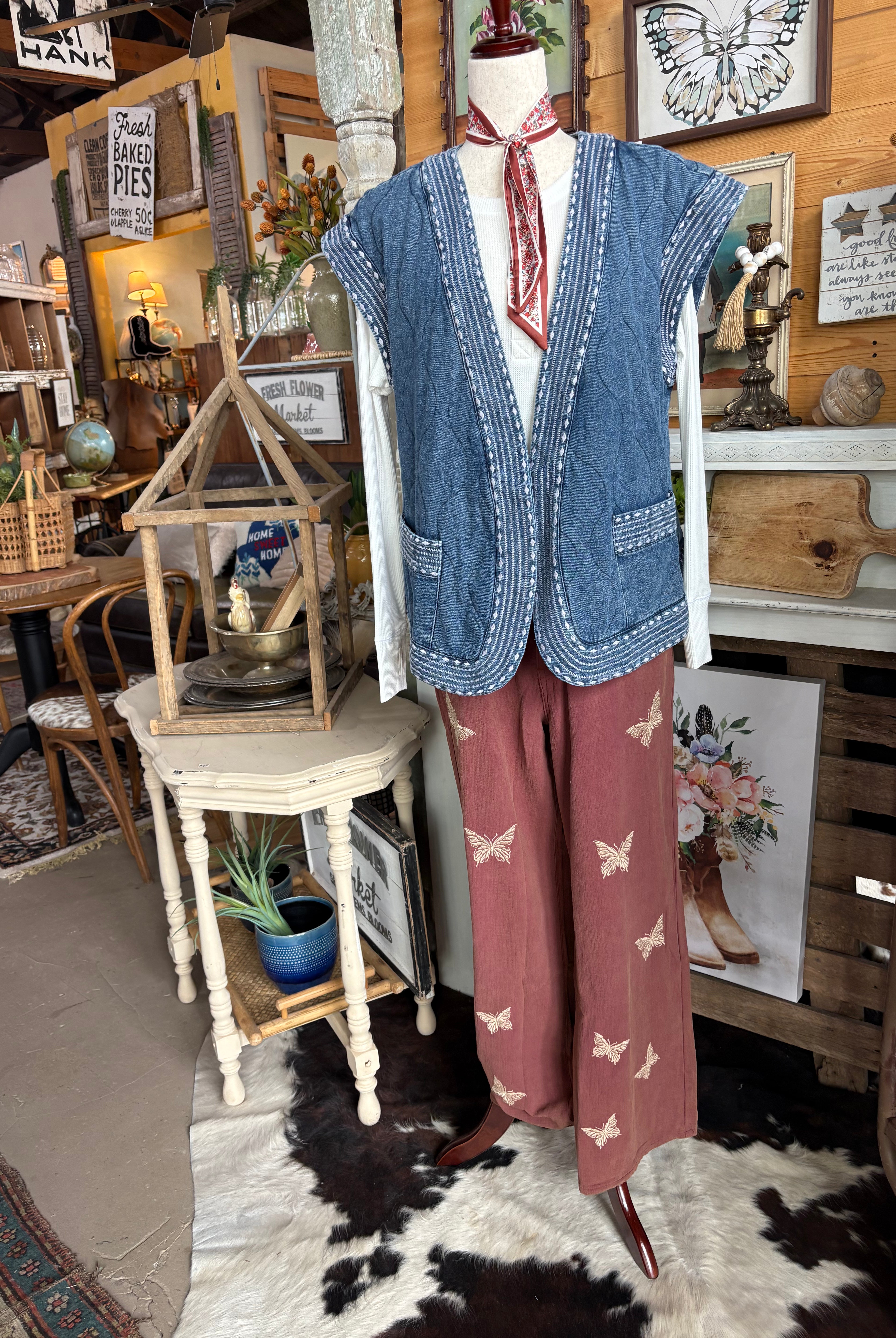 Embroidered Denim Hem Quilted Vest-Denim Vest-Easel-Stuffology - Where Vintage Meets Modern, A Boutique for Real Women in Crosbyton, TX