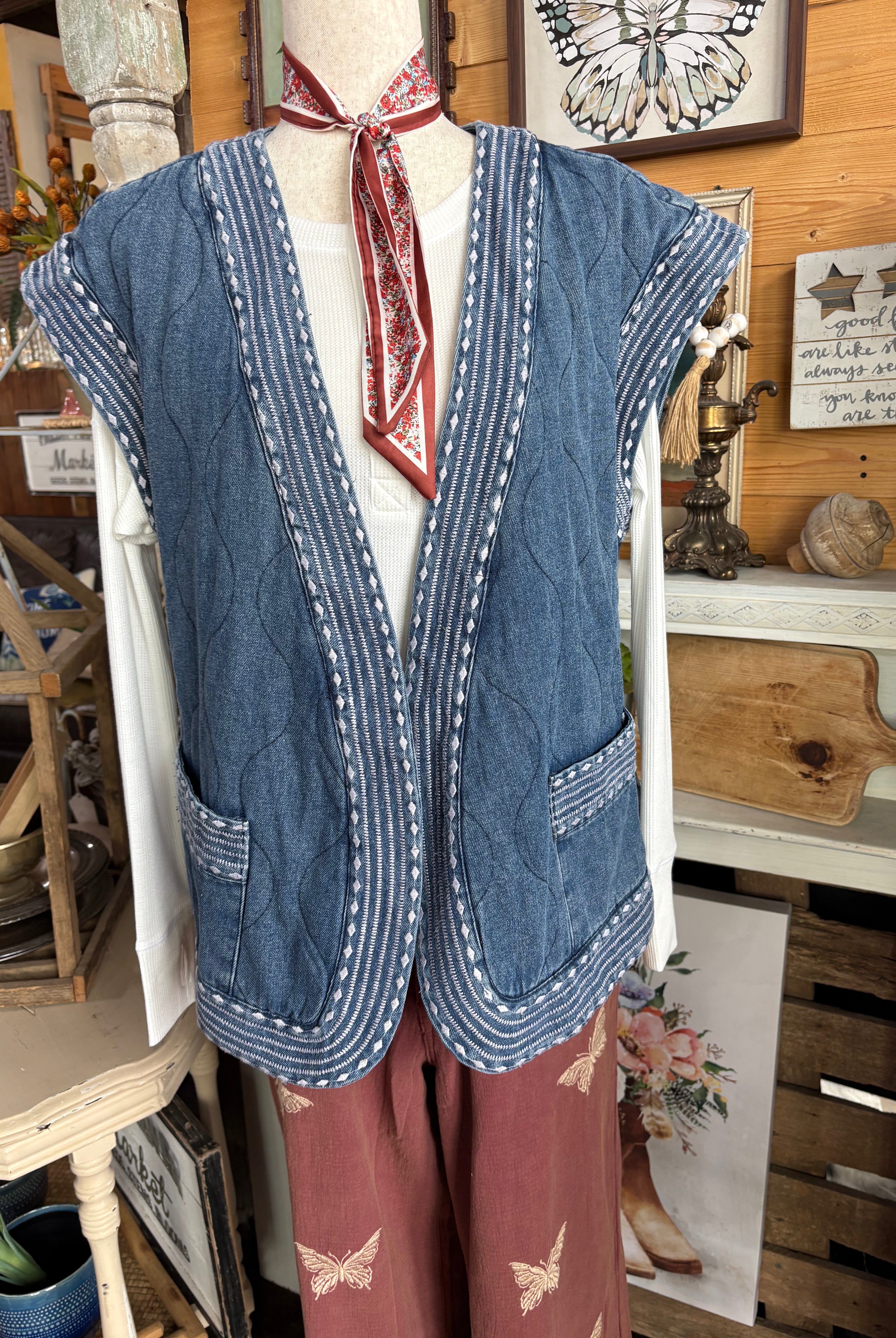 Embroidered Denim Hem Quilted Vest-Denim Vest-Easel-Stuffology - Where Vintage Meets Modern, A Boutique for Real Women in Crosbyton, TX