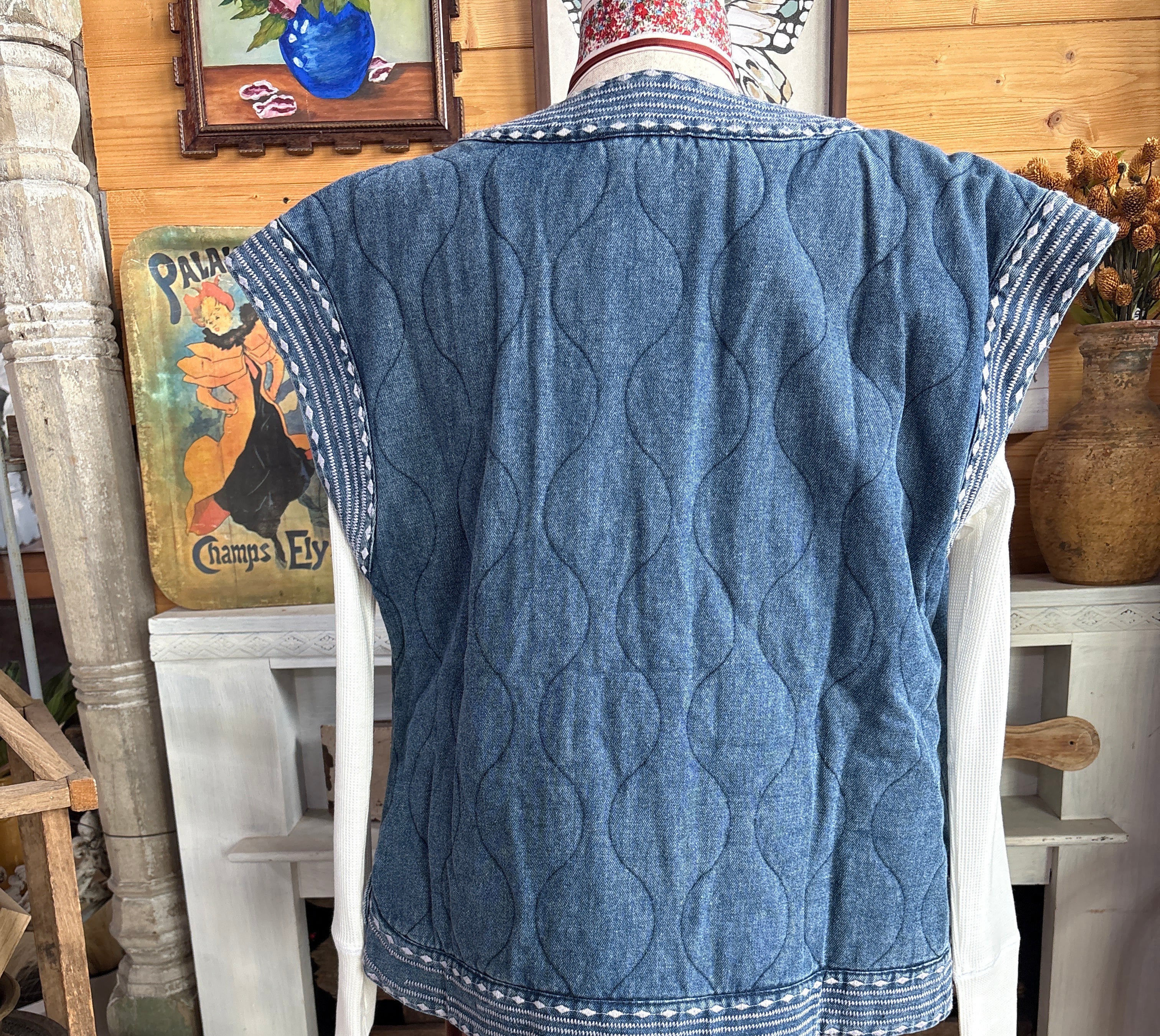 Embroidered Denim Hem Quilted Vest-Denim Vest-Easel-Stuffology - Where Vintage Meets Modern, A Boutique for Real Women in Crosbyton, TX