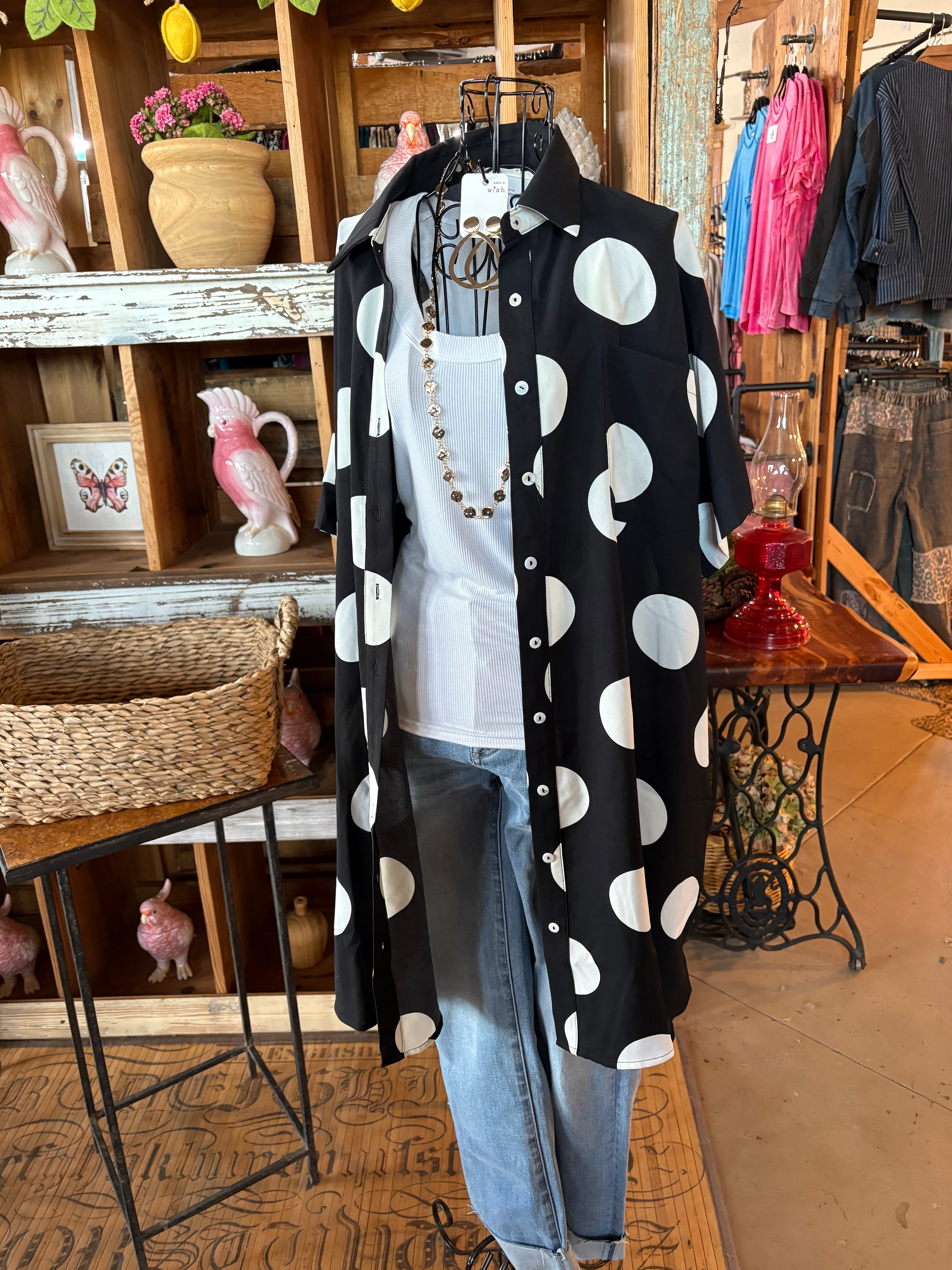 Short Sleeve Polka Dot Button-Down Dress-Dresses-Oddi-Stuffology - Where Vintage Meets Modern, A Boutique for Real Women in Crosbyton, TX