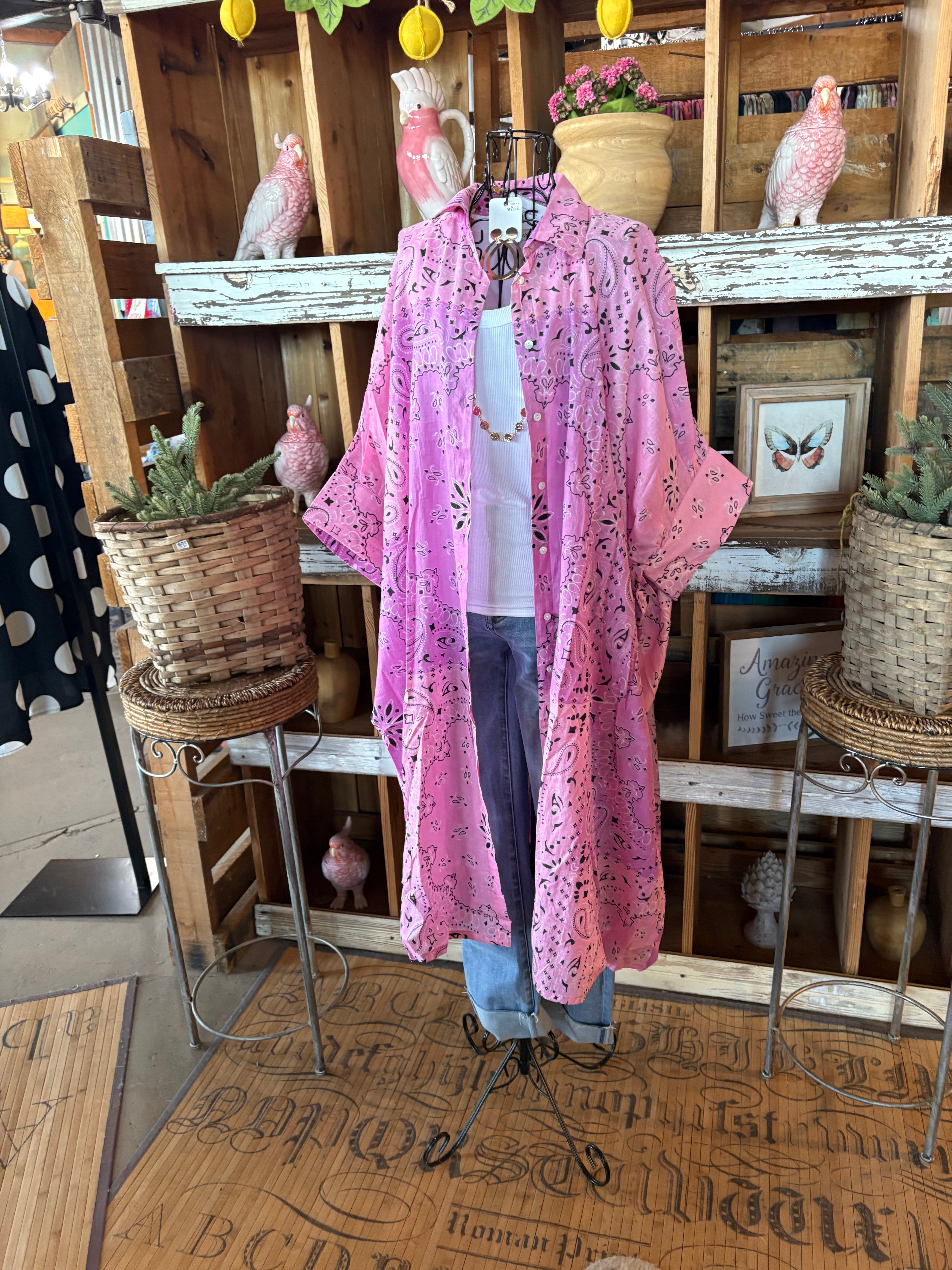 Pink Floral Printed Button Down Dress - Jacket-Dresses-Pol Clothing-Stuffology - Where Vintage Meets Modern, A Boutique for Real Women in Crosbyton, TX