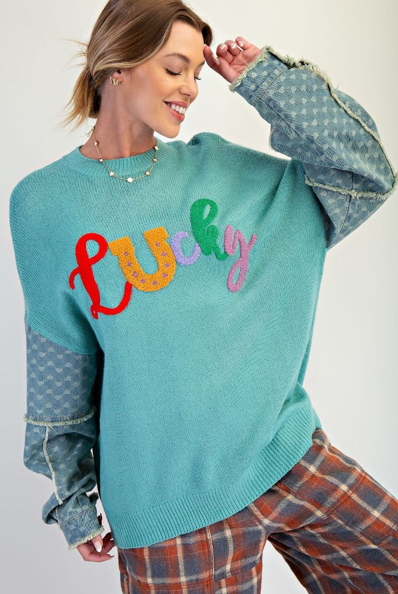 Lucky Letter Knit Sweater with Denim Sleeves-Sweaters-Easel-Stuffology - Where Vintage Meets Modern, A Boutique for Real Women in Crosbyton, TX