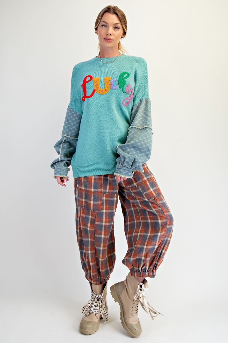 Lucky Letter Knit Sweater with Denim Sleeves-Sweaters-Easel-Stuffology - Where Vintage Meets Modern, A Boutique for Real Women in Crosbyton, TX