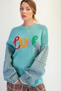 Lucky Letter Knit Sweater with Denim Sleeves-Sweaters-Easel-Stuffology - Where Vintage Meets Modern, A Boutique for Real Women in Crosbyton, TX