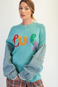 Lucky Letter Knit Sweater with Denim Sleeves-Sweaters-Easel-Stuffology - Where Vintage Meets Modern, A Boutique for Real Women in Crosbyton, TX