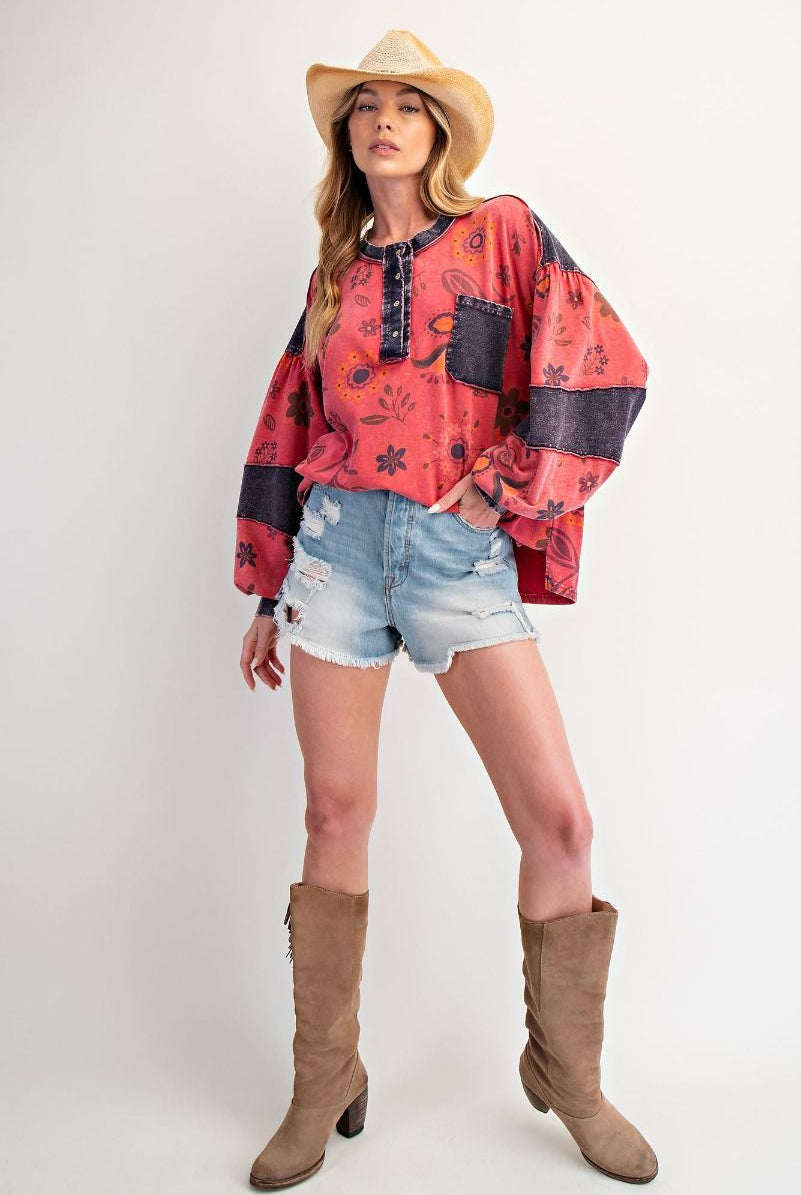 Easel Denim Mix Boho Red Floral Top-Tops-Easel-Stuffology - Where Vintage Meets Modern, A Boutique for Real Women in Crosbyton, TX
