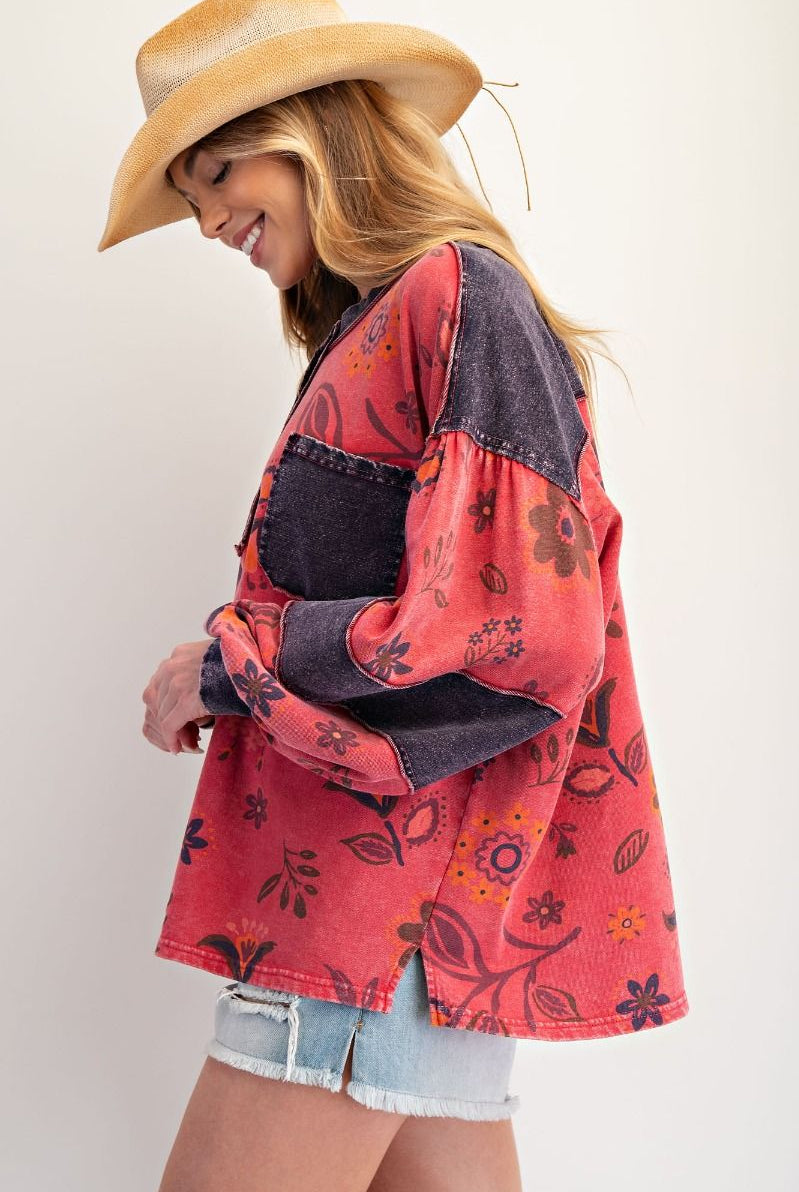 Easel Denim Mix Boho Red Floral Top-Tops-Easel-Stuffology - Where Vintage Meets Modern, A Boutique for Real Women in Crosbyton, TX