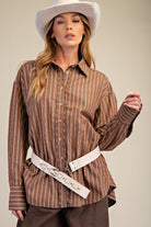 Brown Stripe Oversized Button Down Shirt-TOP-Easel-Stuffology - Where Vintage Meets Modern, A Boutique for Real Women in Crosbyton, TX