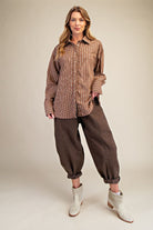 Brown Stripe Oversized Button Down Shirt-TOP-Easel-Stuffology - Where Vintage Meets Modern, A Boutique for Real Women in Crosbyton, TX