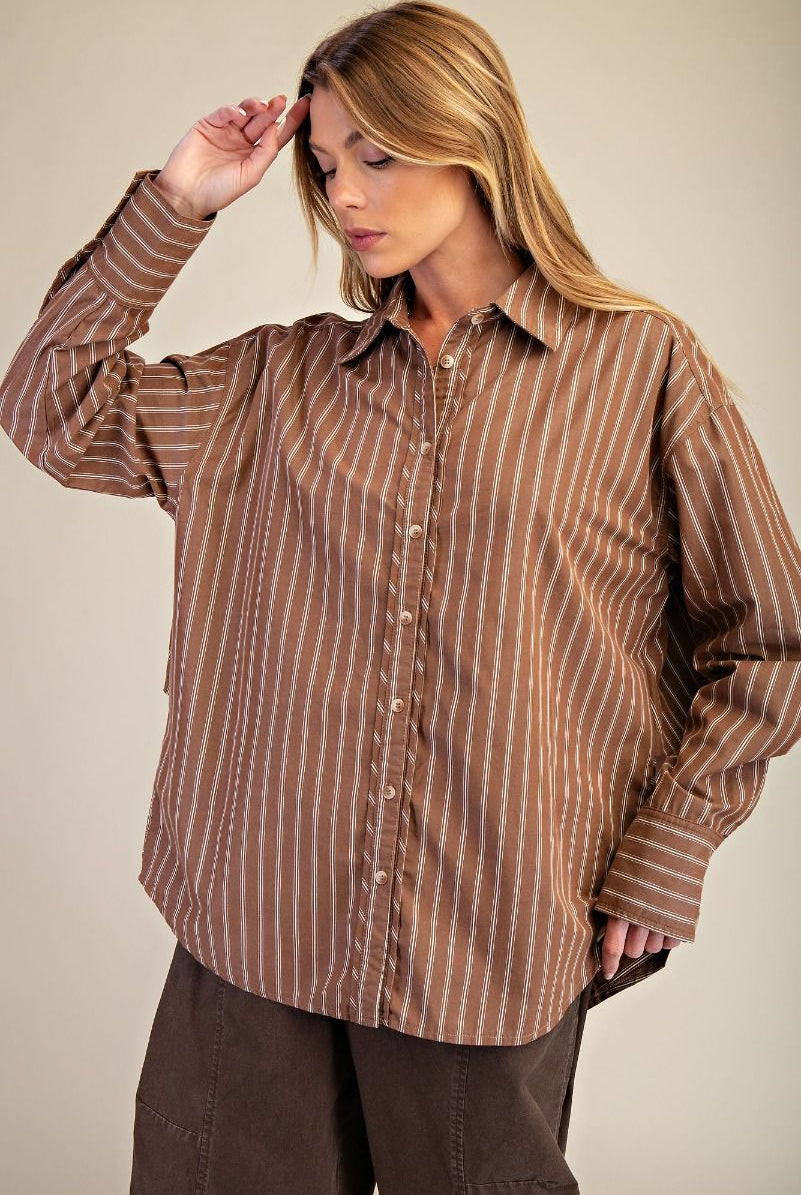 Brown Stripe Oversized Button Down Shirt-TOP-Easel-Stuffology - Where Vintage Meets Modern, A Boutique for Real Women in Crosbyton, TX
