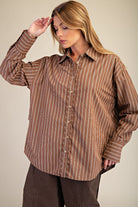 Brown Stripe Oversized Button Down Shirt-TOP-Easel-Stuffology - Where Vintage Meets Modern, A Boutique for Real Women in Crosbyton, TX